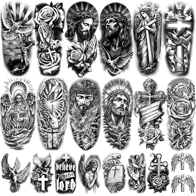77 Sheets Christian Temporary Tattoo Adult, Religious Jesus Christ Cross Angels by Yazhiji