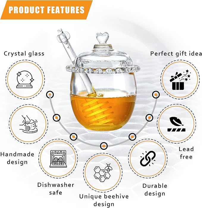Kanpura Glass Honey Jar with Dipper and Lid, 6oz Crystal Honey Dispenser - Image 6