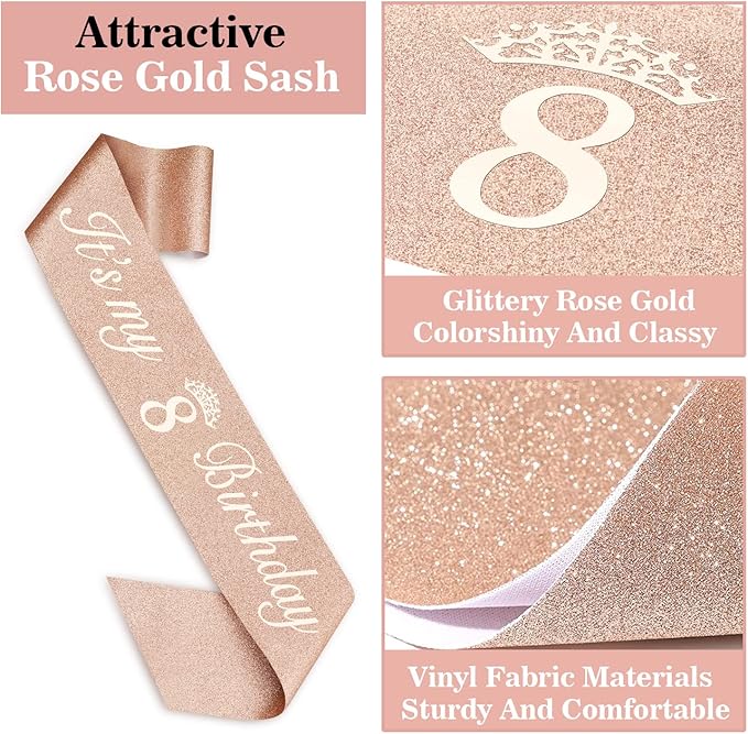 8th Birthday Decorations for Girl Including Sash, Numeral Candle and Cake Topper - Image 5