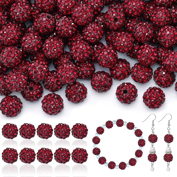 160pcs 10mm Rhinestone Beads for Jewelry Making, Dark Red Shiny Round Disco by TINKRSTUFF