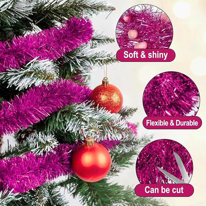 25 Feet Fuchsia Christmas Tinsel Garland, Metallic Foil Twist Garland Wall - Image 3