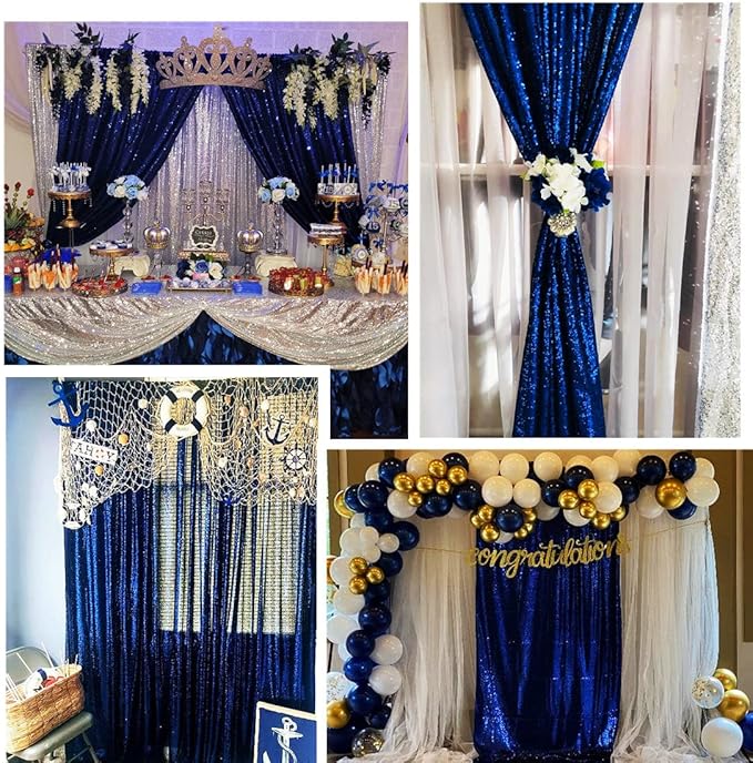 Poise3EHome 2Pcs 2Ft x 8Ft Navy Blue Sequin Backdrop Curtain, Memorial Day - Image 4