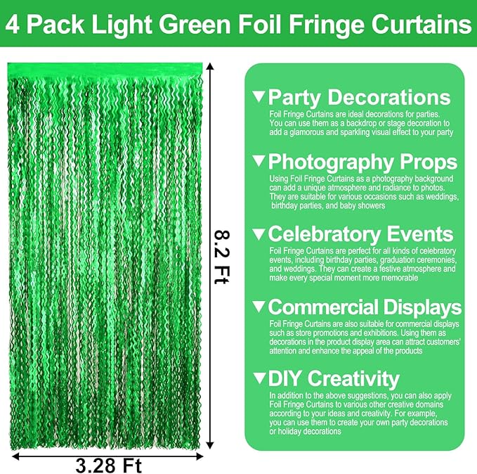 4 Pack Green Wave Foil Fringe Curtain Backdrop, 3.28Ft x 8.2Ft Metallic Tinsel - Image 2