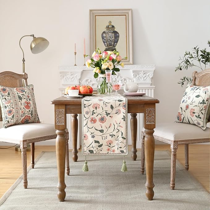 ISAENNE Designer Chinoiserie Elegant Linen Floral Extra Long Table Runner 118 - Image 3