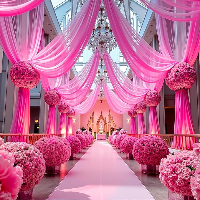 Wedding Arch Draping Fabric, 1 Panel 18FT Hot Pink Sheer Chiffon Curtain Drapes - Image 7