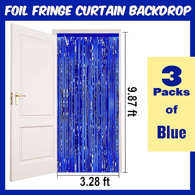 3 Pack Blue Foil Fringe Curtains Backdrop, 3.28 x 9.8 Ft Metallic Streamers - Image 2