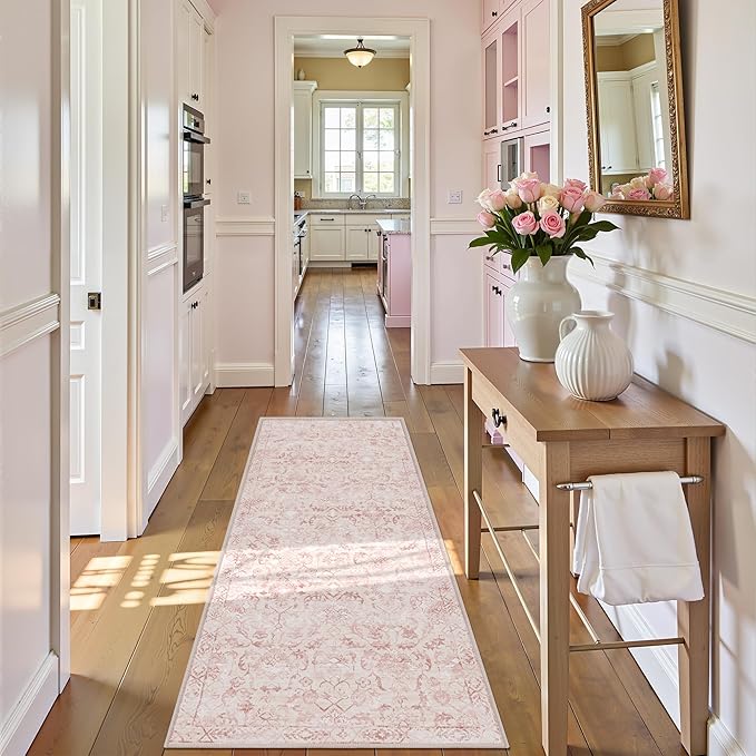 Pink 2x6 Runner Rug for Hallways Bed Side Kitchen, Boho Washable Distressed - Image 3