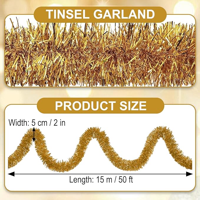 50 Feet Champagne Gold Christmas Tinsel Garland, Metallic Foil Twist Garland - Image 2