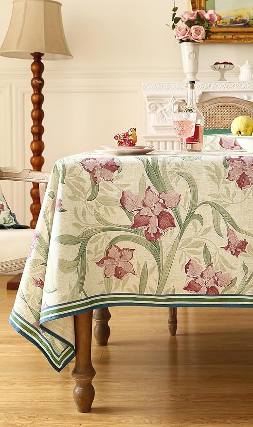 patdrea Designer Linen Green Rectangle Tablecloth, Framhouse Violets Pattern - Image 9