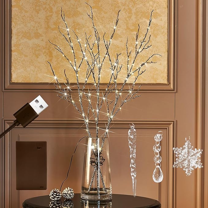 Fudios Lighted Willow Branches Christmas Glitter Battery Operated 32IN 120 LED by Fudios