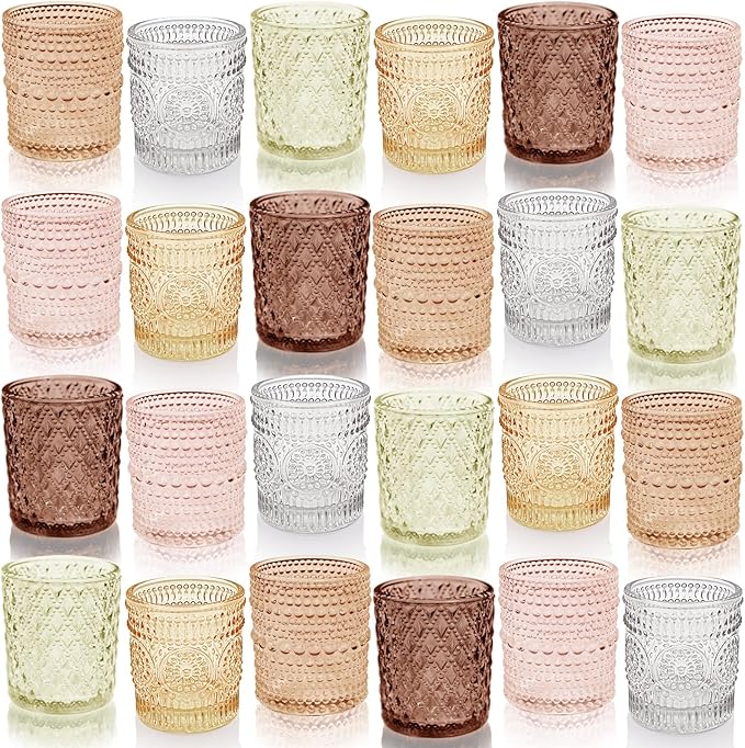 12 pcs Glass Votive Candle Holders, 6 Colors 3 Patterns Tealight Candle Holders - Image 7
