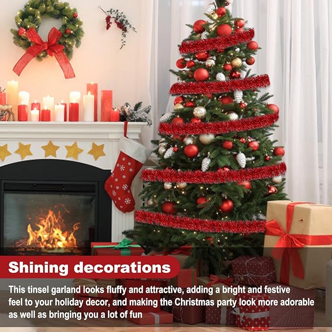 50 Feet Red Christmas Tinsel Garland, Metallic Foil Twist Garland Wall Hanging - Image 4