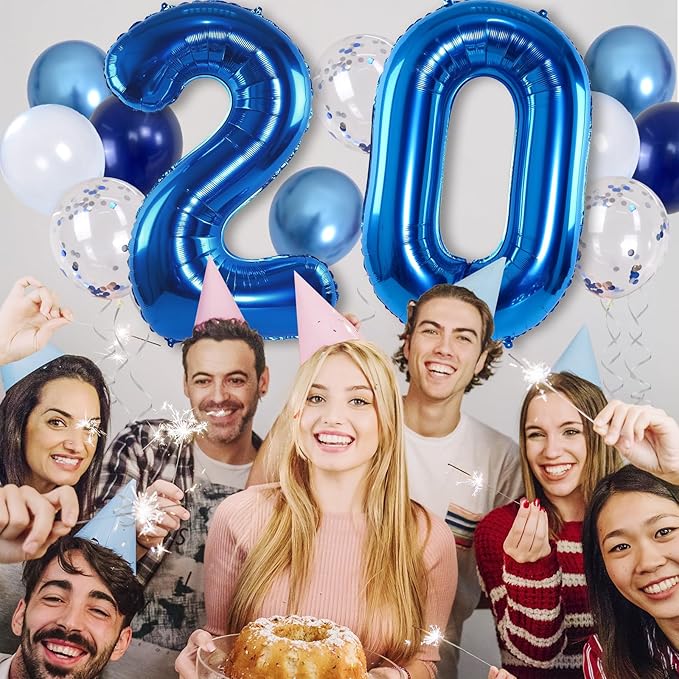 Dark Blue 20" Number 20 Balloon, Metallic Light Navy Blue Silver Confetti - Image 3