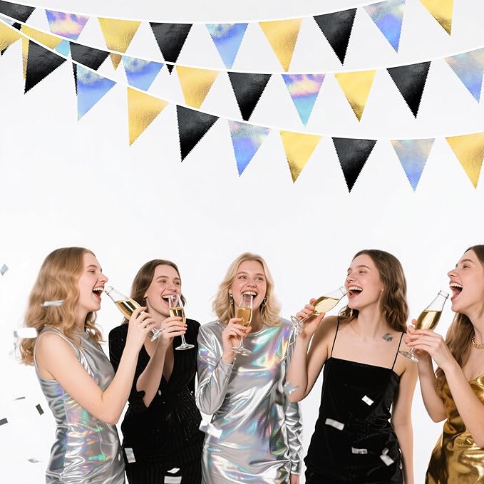 Black Gold Iridescent Party Decorations Triangle Pennant Banner Flag Metallic - Image 6
