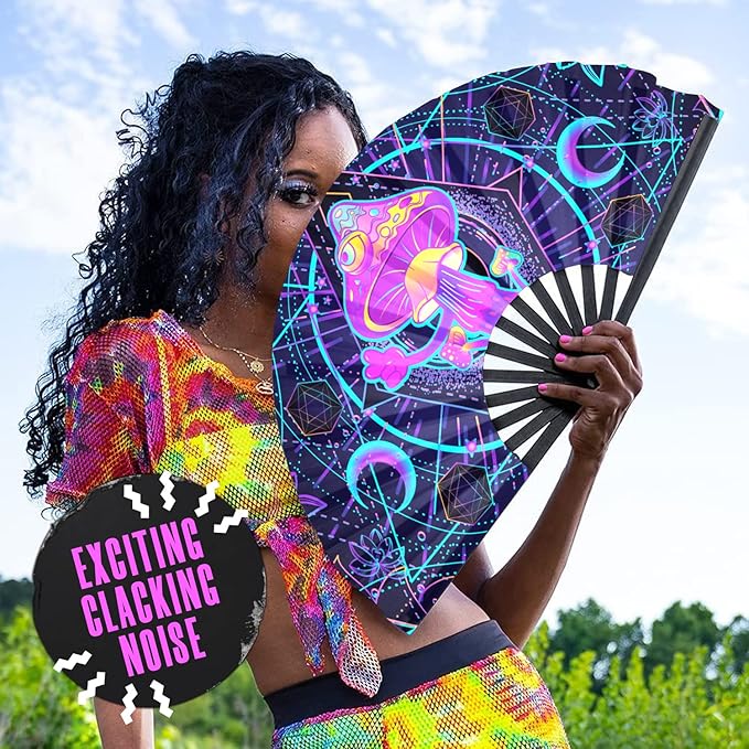 GloFX Rave Fan - UV Mushroom - Large Folding Fan - Music Festival Essential - Image 6