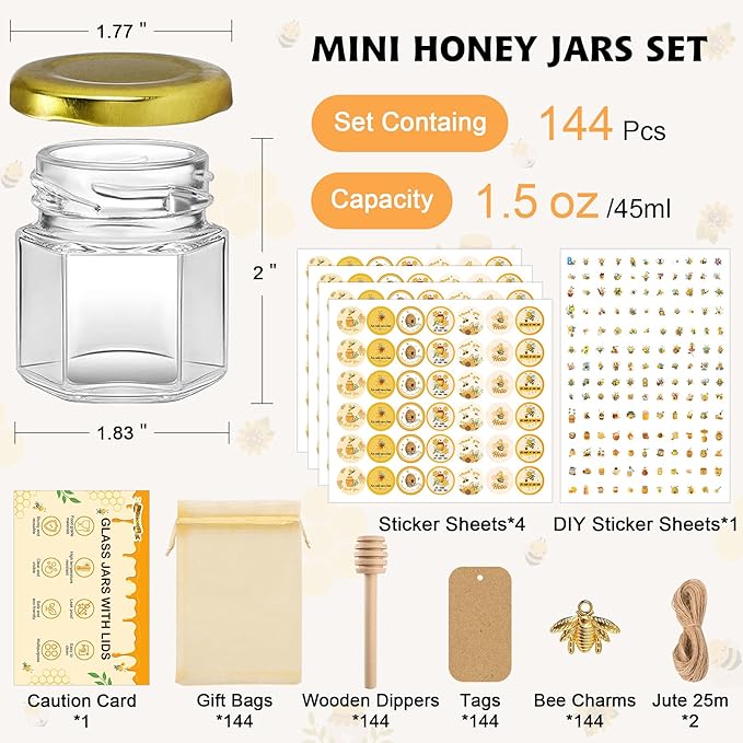 144Pcs 1.5 oz Mini Hexagon Glass Honey Jars - Image 3