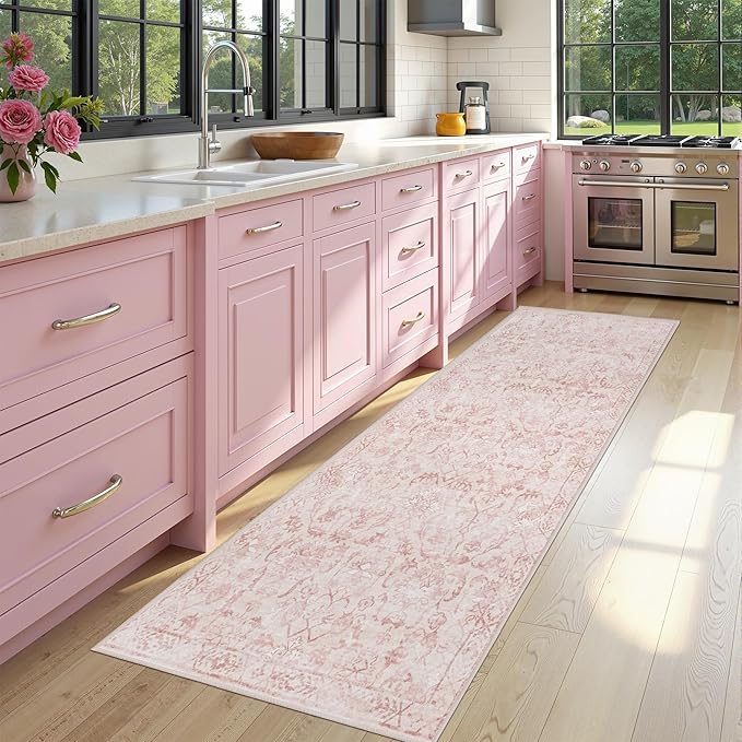 Pink 3x7 Runner Rug for Hallways Bed Side Kitchen, Boho Washable Distressed - Image 2