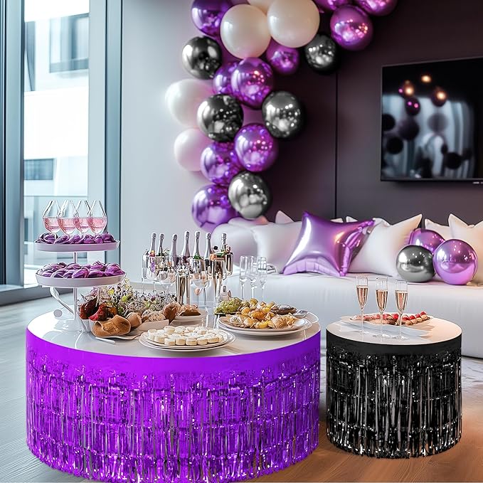 3 Pack Black Dark Purple Orange Table Skirts, 29x108" Metallic Foil Tinsel - Image 9