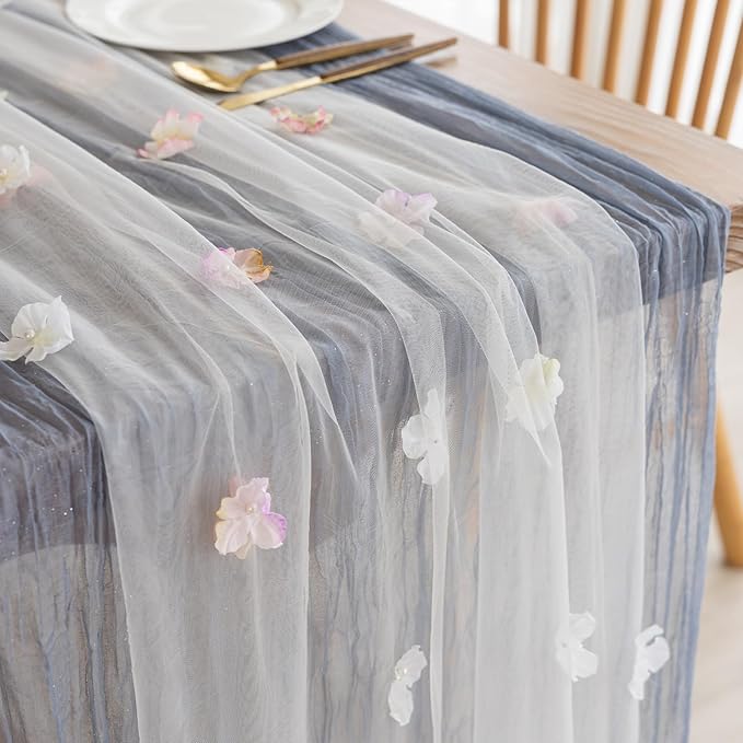 Romantic Artificial Floral Table Runner 10ft Gauze Tulle Lace Table Runner Set - Image 6