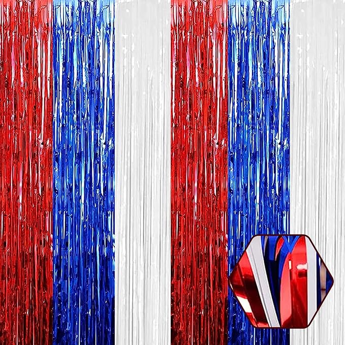 6 Pack White Blue Red Foil Fringe Curtain Backdrop, 3.28Ft x 8.2Ft Metallic by Ferwzsr