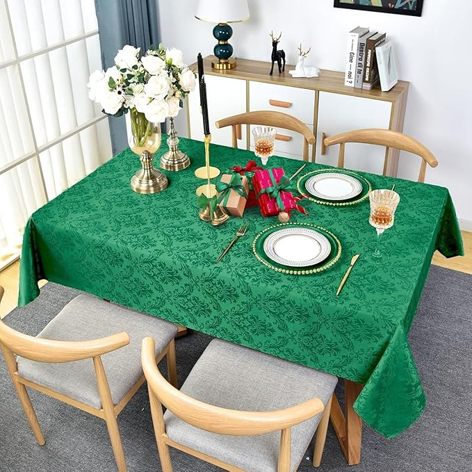 Christmas Green Square Jacquard Tablecloth, Damask Table Cloth, Spill Proof - Image 3