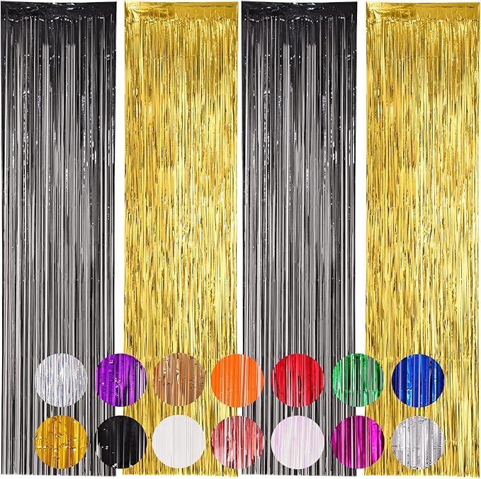 4 Pack Black and Gold Foil Fringe Backdrop Curtains, Tinsel Streamers Birthday by Voircoloria