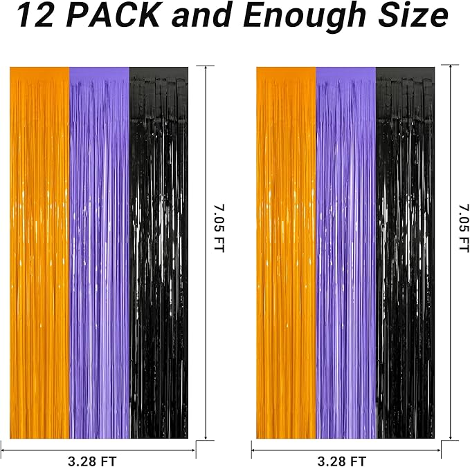 12 Pack Halloween Decor, 3.28 FT x 7.05 FT Orange Purple Black Fringe Curtains - Image 2