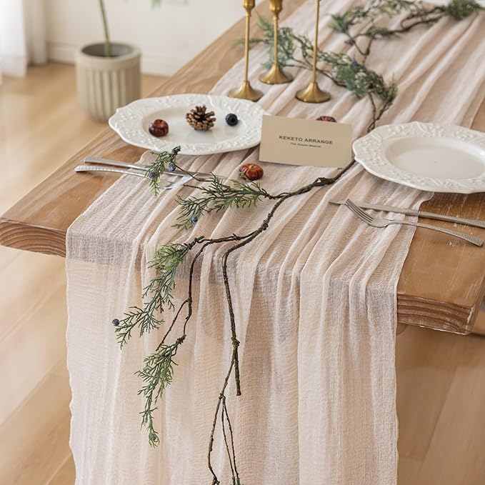 Beige Gauze Rustic Cheesecloth Table Runner 120 Inch 10 FT by KEKETOARRANGE