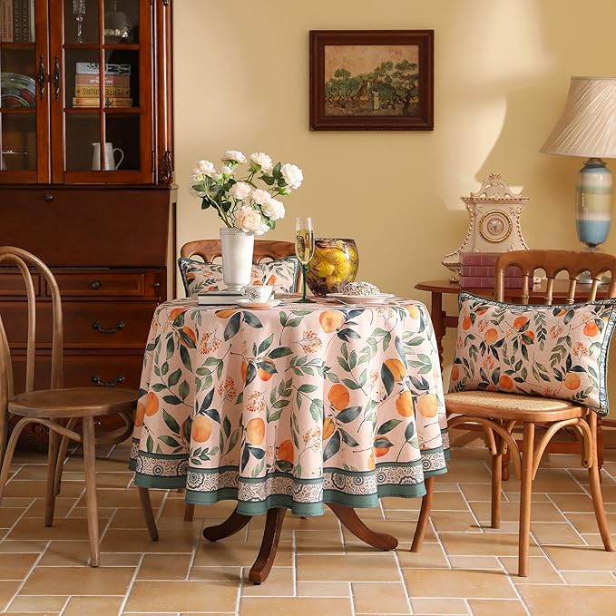 patdrea Designer Linen Small Round Table Cloth, Vintage Framhouse Oranges and - Image 2