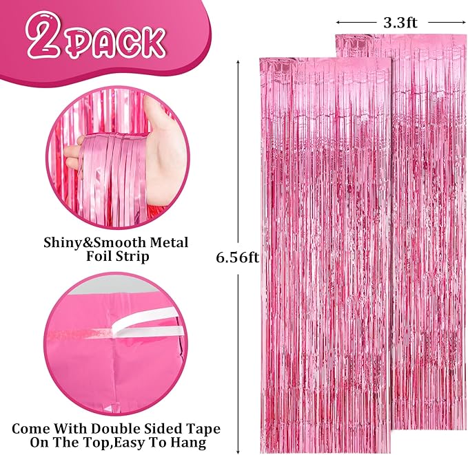 2 Pack Pink Tinsel Foil Fringe Curtains, Metallic Tinsel Party Streamers - Image 3