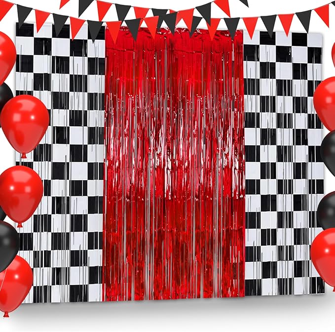 3 Pcs Racing Cars Foil Fringe Curtain Red Black White Checkered Photo Booth by JarThenaAMCS