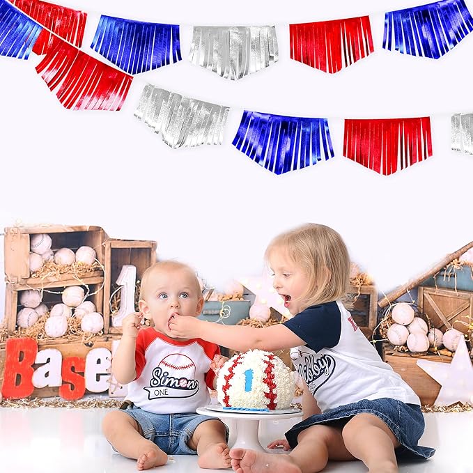 Blue Red Silver Tassel Banner Metallic Fabric Pennant Bunting Flag - Image 5