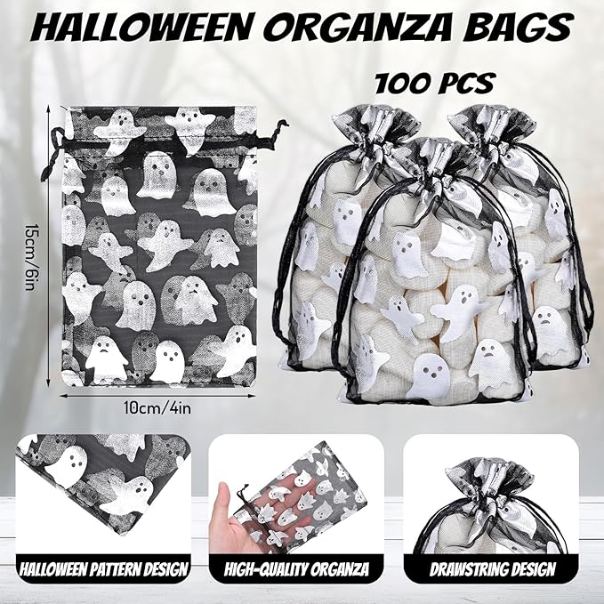 Whaline 100Pcs Halloween Organza Drawstring Bags Cute Foil Silver Ghost Jewelry - Image 2