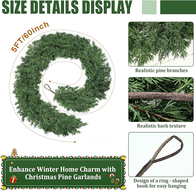5ft Christmas Cedar Garland, Real Touch Pine Garland, Realistic Cypress - Image 2