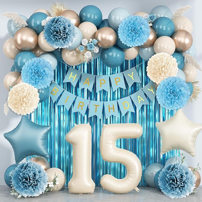 Dusty Blue 15th Birthday Party Decorations Boys Girls Beige Cream Number 15 by KAINSY