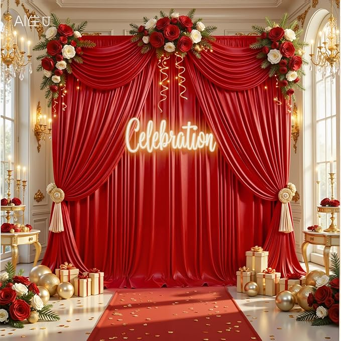 PartyVillage 10x10FT Red Sequin Christmas Backdrop Curtain -2 Panels 5x10FT - Image 9