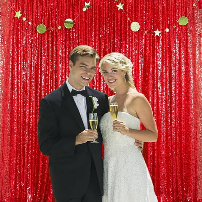 Red Sequin Backdrop Curtain 2FTX8FT 2 Panels Sparkly Backdrop Drapes Polyester - Image 8