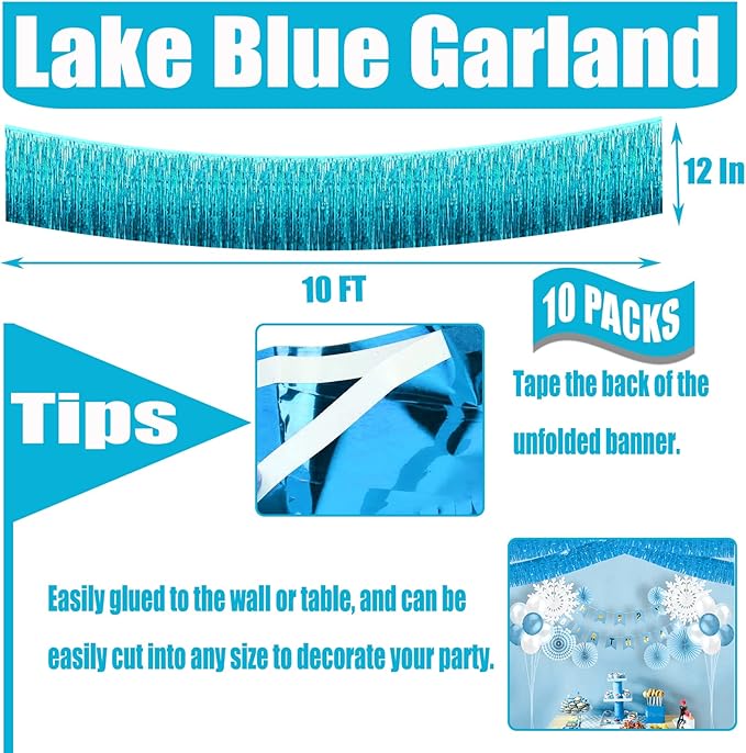 10 Pack 10 Feet Lake Blue Foil Fringe Garland Metallic Tinsel Streamers Banner - Image 2