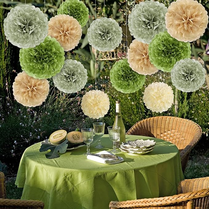Olive Sage Green Tissue Paper Pom Poms Safari Jungle Party Decorations Paper - Image 7
