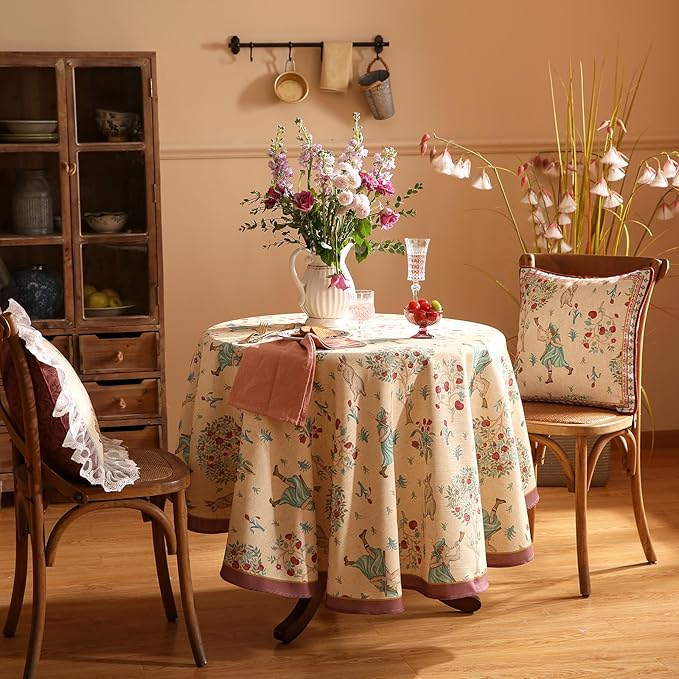 patdrea Designer Linen Beige Round Tablecloth, Vintage Italian Trees Pattern - Image 9