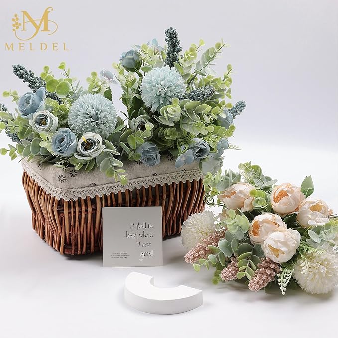 Meldel 3Pcs Rose Bouquet Blue Artificial Flowers Fake Eucalyptus Plants Silk - Image 8
