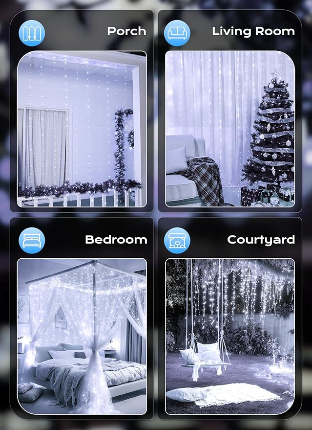 Brightown 300 LED Fairy Curtain Lights, 9.8ft x 9.8ft White Curtain String - Image 7