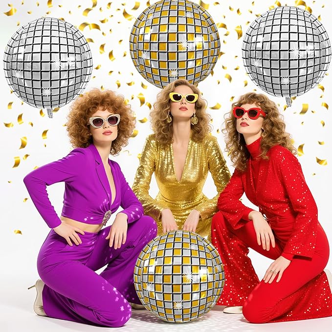 Disco Ball Balloons Gold Silve 4PC, Foil Disco Balloons 22 Inch 4D Round - Image 5