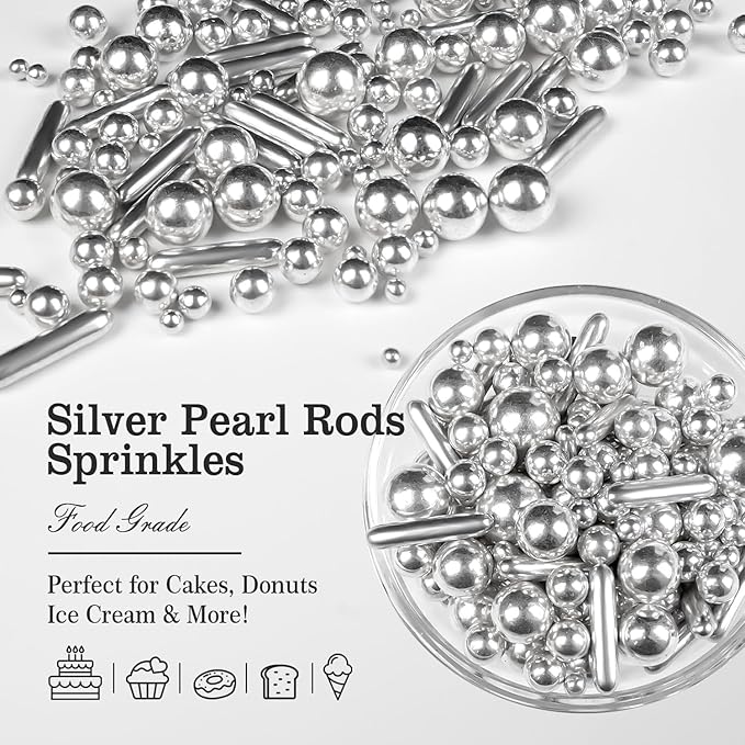 Silver Pearl Rods Sprinkles, Edible Sugar Candy Mix Size, 150g/5.29oz, Baking - Image 3