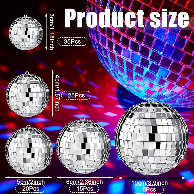 Funtery 100 Pcs Mirror Disco Balls Bulk Assorted Silver Hanging Disco Ball Decor - Image 4