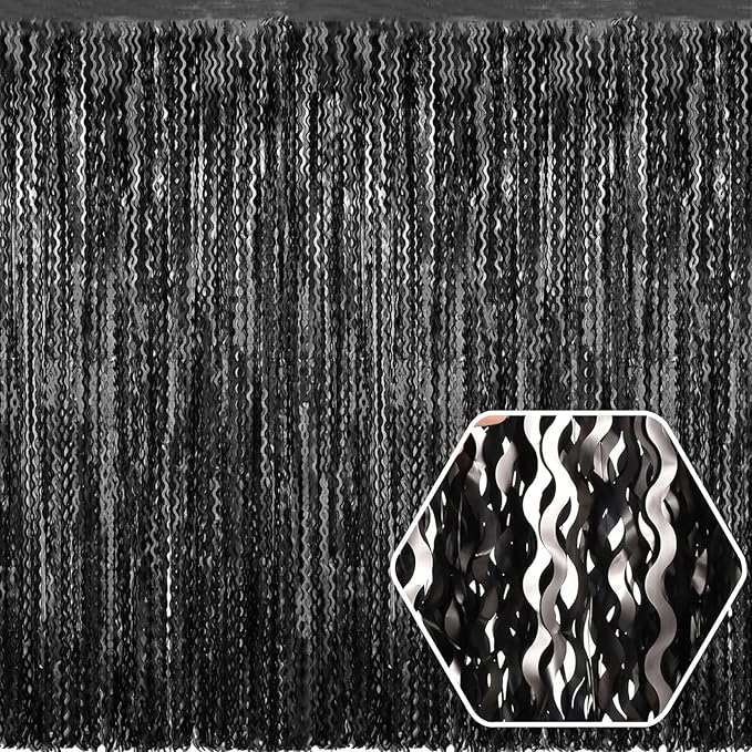 4 Pack Black Wave Foil Fringe Curtain Backdrop, 3.28Ft x 8.2Ft Metallic Tinsel by Ferwzsr