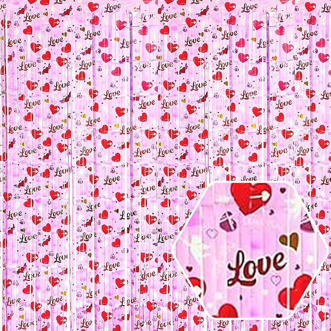 4 Pack Love Pink Wave Foil Fringe Curtain Backdrop, 3.28Ft x 8.2Ft Metallic by Ferwzsr