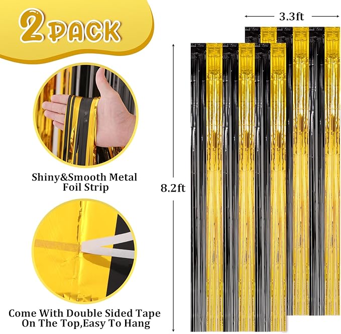 2 Pack Black and Gold Foil Fringe Backdrop Curtains, Tinsel Streamers Birthday - Image 3
