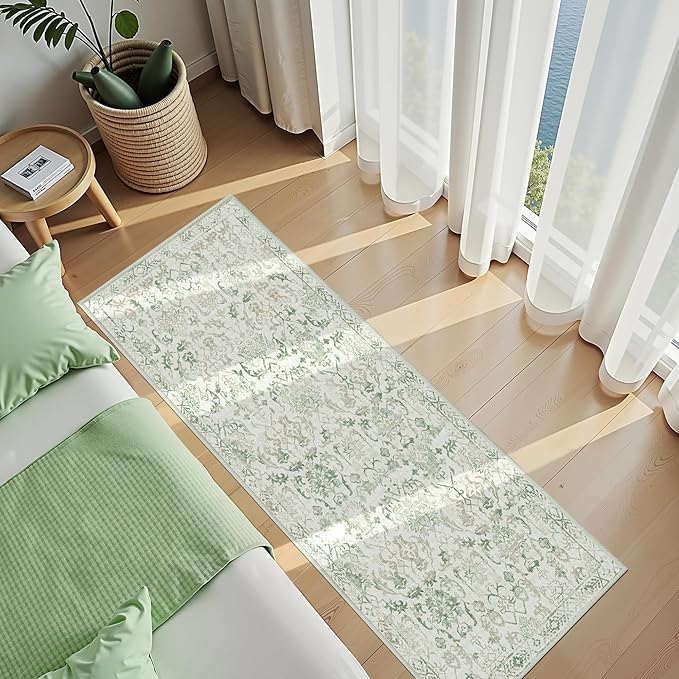 Green 3x7 Runner Rug for Hallways Bed Side Kitchen, Boho Washable Distressed - Image 3