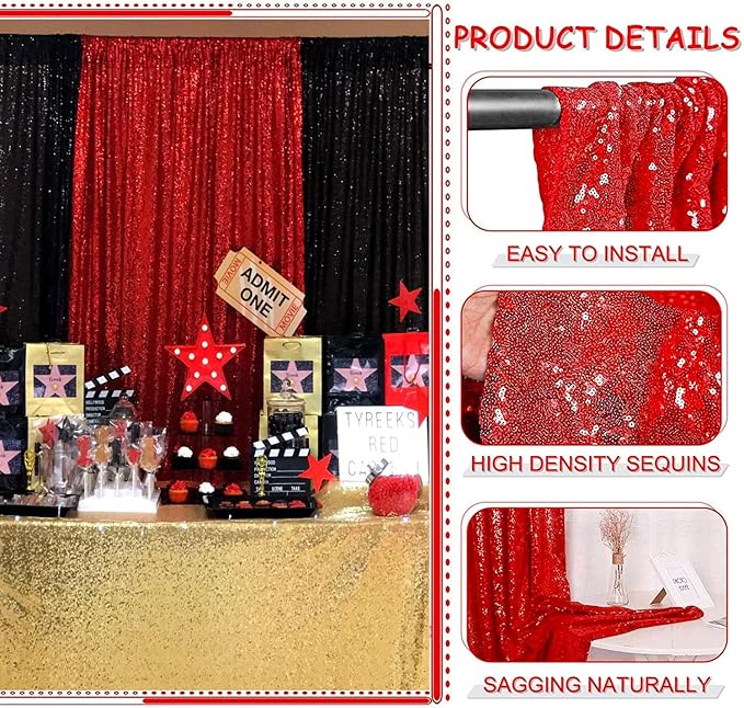 Red Sequin Curtain 8FTx8FT 1 Panel Glitter Metal Background Drape Shimmer Wall - Image 4